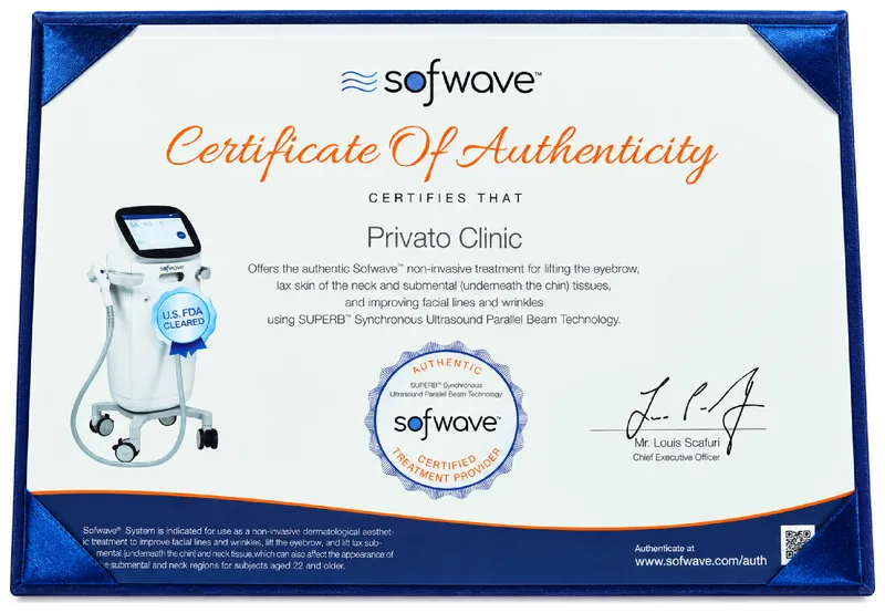 Sofwave Certificate of Authenticity naming Privato Clinic an authentic Sofwave certified treatment provider in Bangkok
