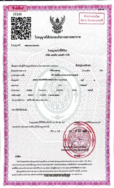 Ministry of Public Health medical facility licence 12001002058 for Privato Clinic Ratchaphruek, where Sofwave treatment is performed