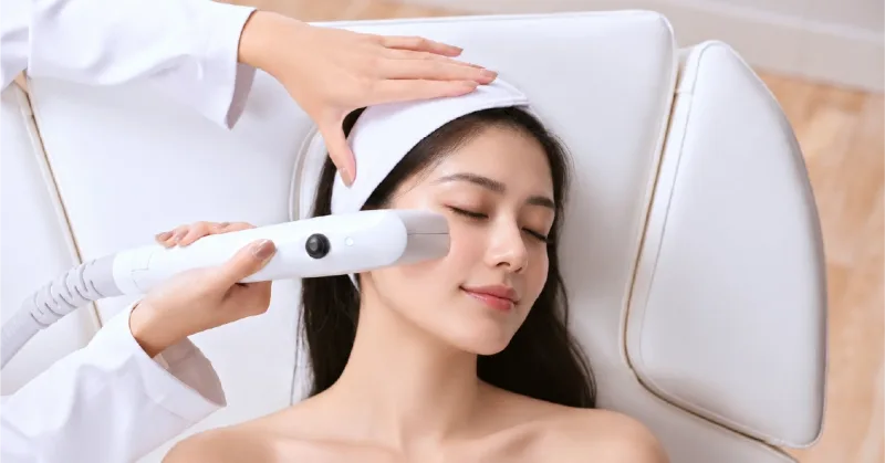 Clinician positioning a Sofwave handpiece beside a client’s outer eye and upper cheek.