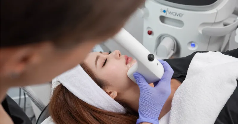 Clinician wearing purple gloves applying a Sofwave handpiece along a client’s lower cheek and jawline.