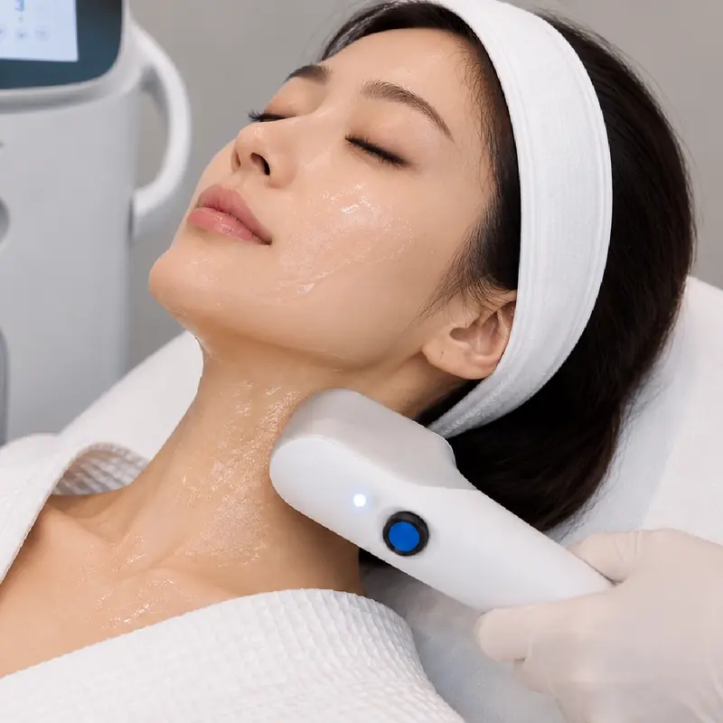 Clinician applying a Sofwave handpiece to the side of a client’s gel-covered neck.