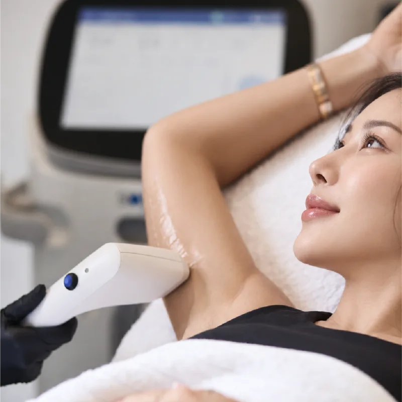 Sofwave handpiece applied to a client’s upper arm while the arm is raised.