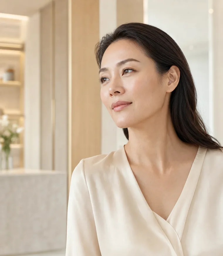 Woman with naturally firm-looking skin in a calm Softwave Bangkok consultation room
