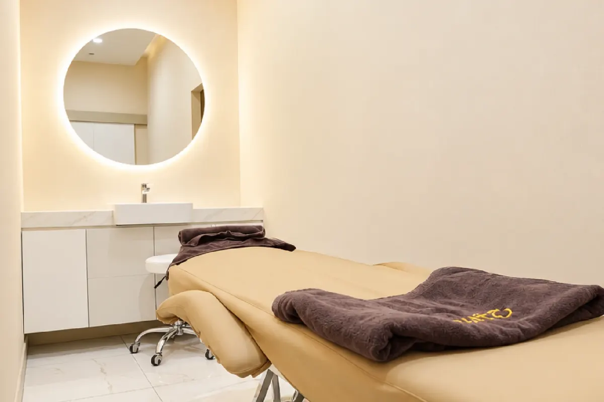 Private Sofwave treatment room at Privato Clinic with a cushioned treatment bed, Privato towels, a backlit round mirror and a washbasin